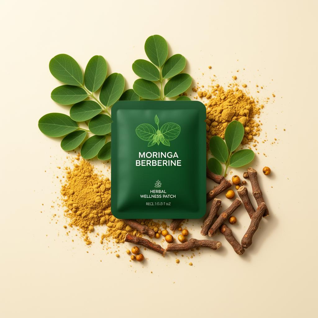 Moringa Berberine herbal wellness patch with fresh moringa leaves and berberine root